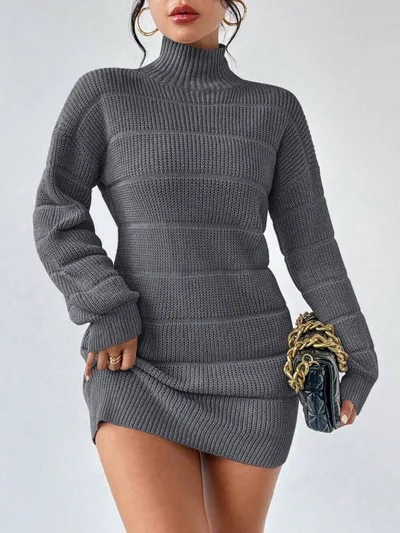 European And American Autumn And Winter Half high Collar Knitwear Dress Dark Gray - Shop at LoveMi