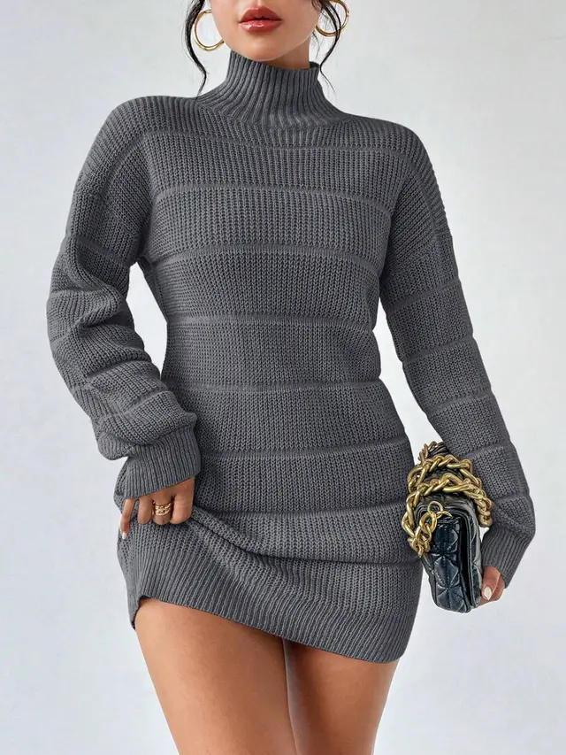 European And American Autumn And Winter Half high Collar Knitwear Dress Dark Gray - Shop at LoveMi