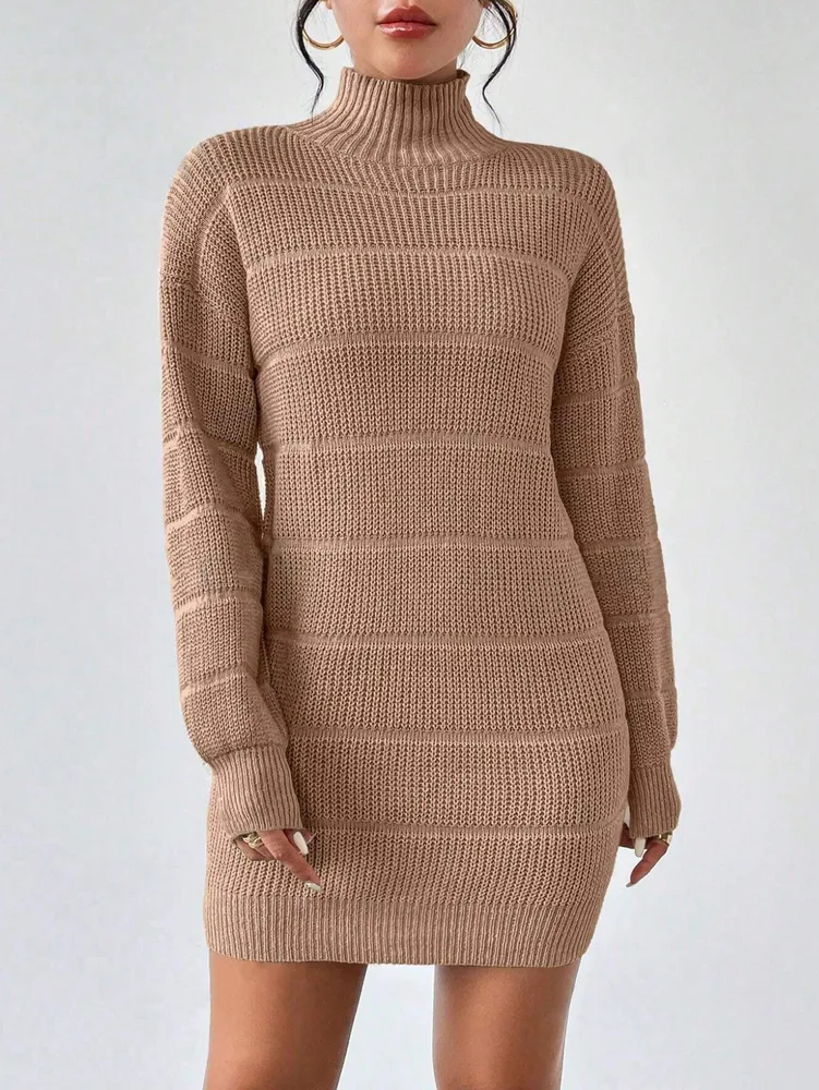 European And American Autumn And Winter Half-high Collar Knitwear Dress - Khaki