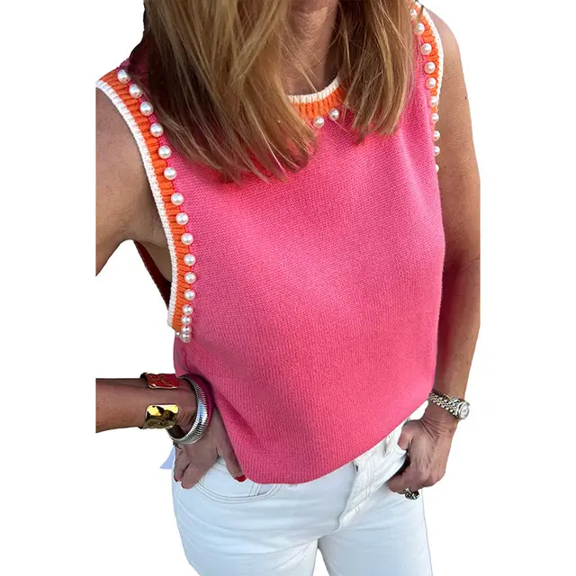 Fashionable All match Beaded Color Matching Sleeveless Top For Women Lc276839P106 Style - Shop at LoveMi