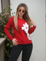 Women's Long-sleeved Knitted Jacquard Solid Colour Sweater - Red
