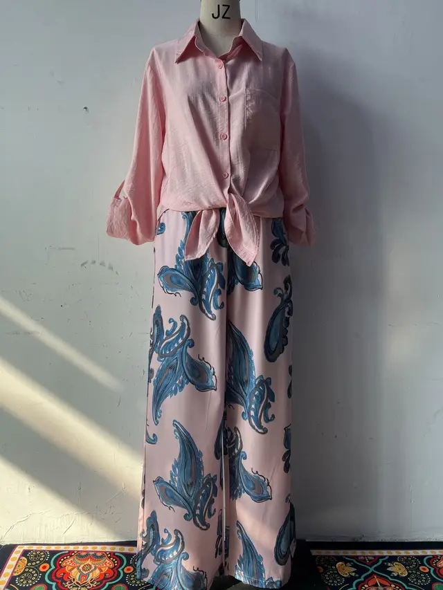 Summer New Cardigan Shirt High Waist Loose Trousers Two piece Suit Pink - Shop at LoveMi