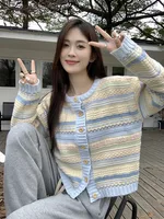 Women's Loose Striped All-matching Knitted Sweater Cardigan Coat - Blue