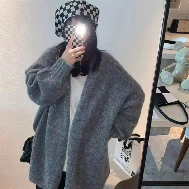 Women's Korean Style Puff Sleeve Solid Color Sweater Drop shoulder Coat Dark Gray - Shop at LoveMi