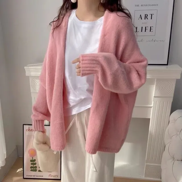 Women's Korean Style Puff Sleeve Solid Color Sweater Drop shoulder Coat Pink - Shop at LoveMi