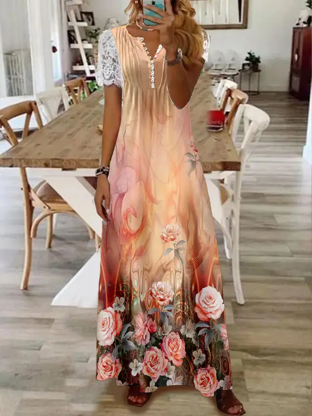 Printed Lace Sleeve Short Sleeve Dress 13Color - Shop at LoveMi