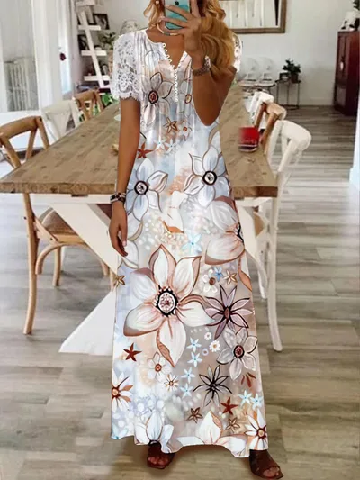 Printed Lace Sleeve Short Sleeve Dress 1Color - Shop at LoveMi