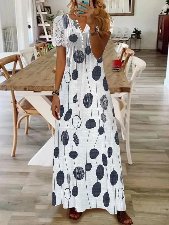 Printed Lace Sleeve Short Sleeve Dress - 7Color - View 1