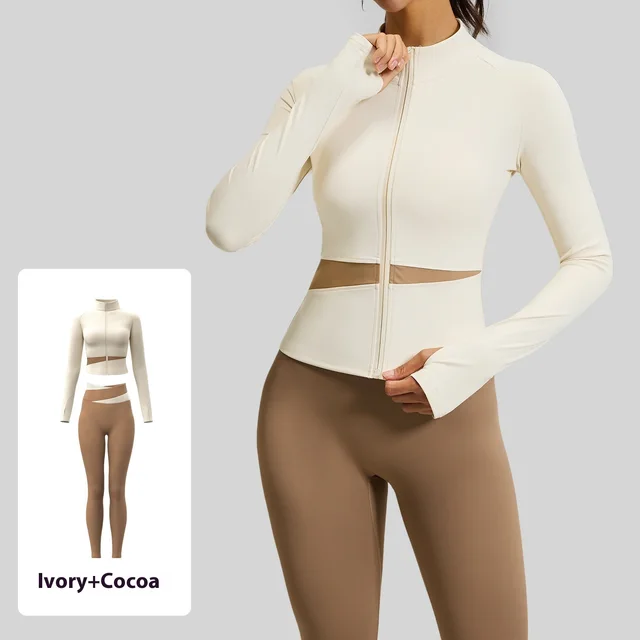 Juyi Tang Peach Color Matching Yoga Suit Nude Feel High Elastic Female Ivory White Cocoa Color - Shop at LoveMi