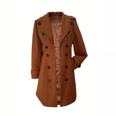 European And American Elegant Women's Solid Color Double Breasted Woolen Coat Brown - Shop at LoveMi