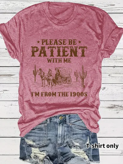 Western Denim Retro Pattern Round Neck Short Sleeve Dark Red - Shop at LoveMi