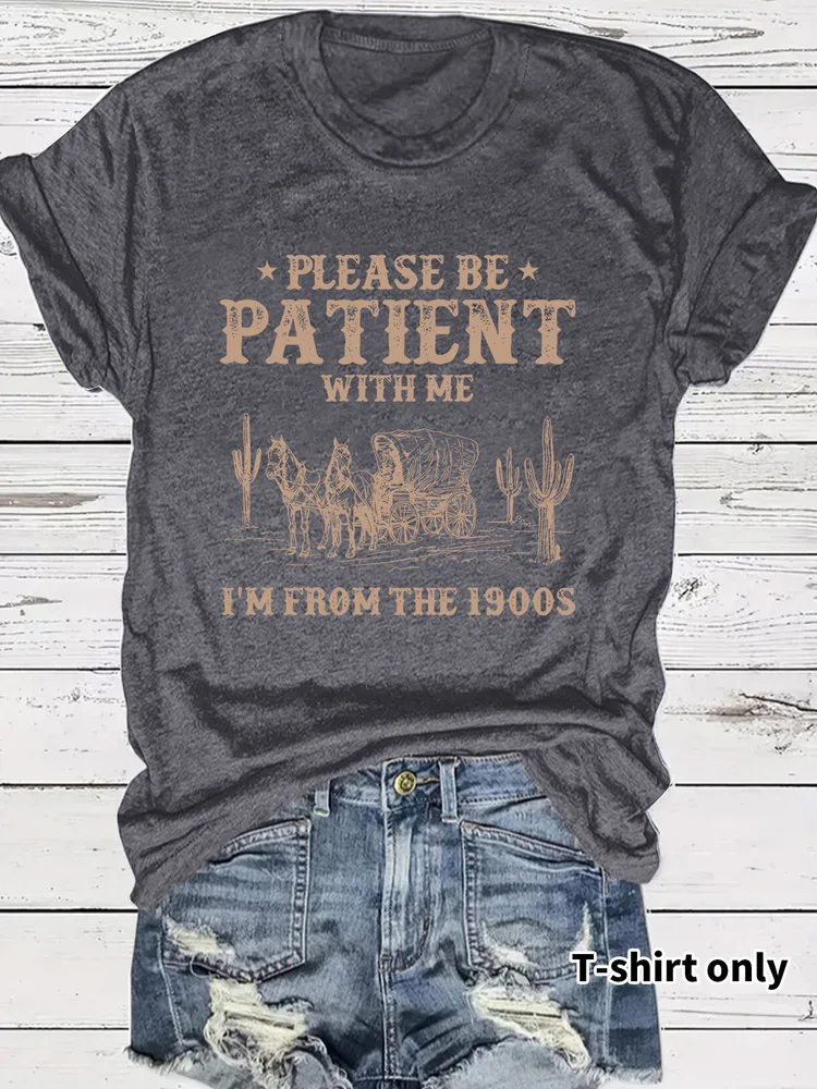 Western Denim Retro Pattern Round Neck Short Sleeve - Melange Gray