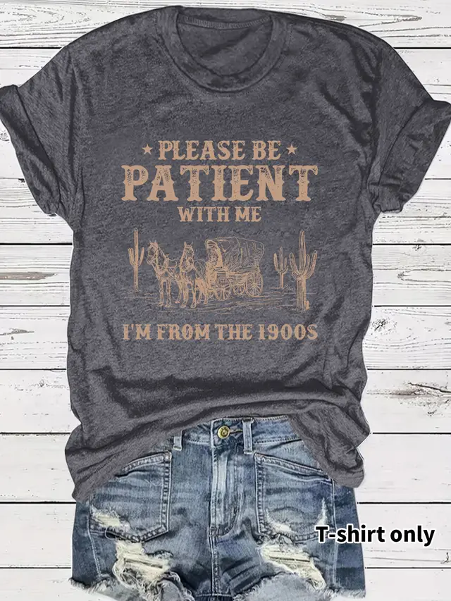 Western Denim Retro Pattern Round Neck Short Sleeve Melange Gray - Shop at LoveMi