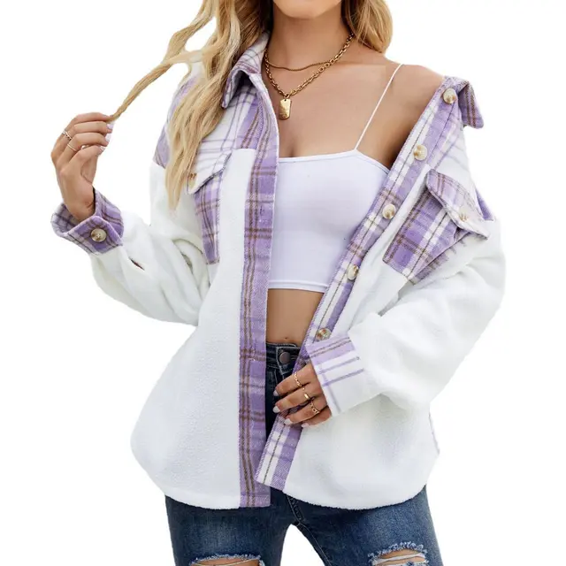 Lamb Wool Long Sleeve Stitching Contrast Color Pocket Woolen Coat For Women Purple - Shop at LoveMi