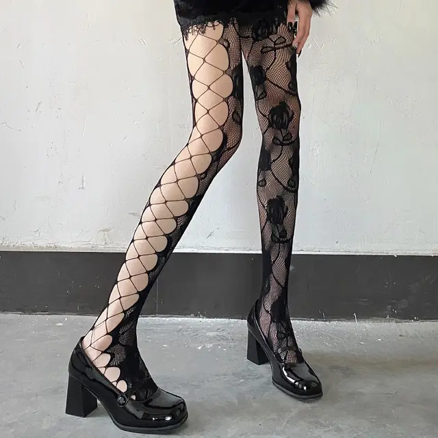 Black Side Mesh Vintage Rose Sexy Cutout Stockings Black - Shop at LoveMi