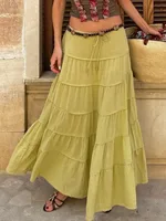 Women's Solid Color Casual Style A- Line Tiered Skirt - Red