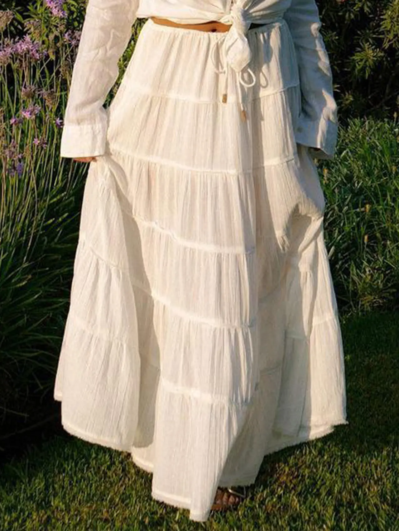 Women's Solid Color Casual Style A- Line Tiered Skirt - White
