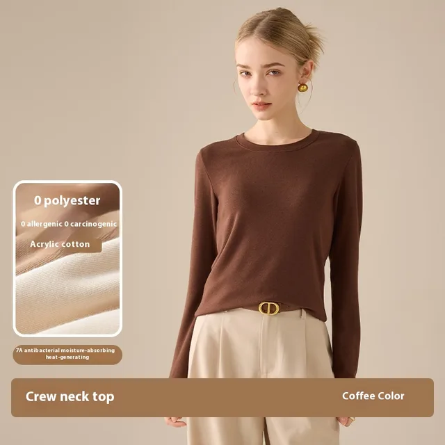 Women's Shoulder Round Neck Long sleeved Bottoming Shirt Brown - Shop at LoveMi