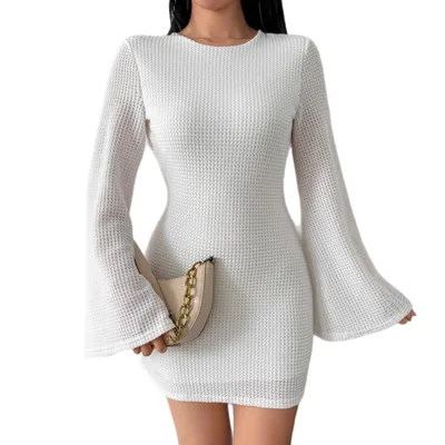 Autumn And Winter Solid Color Tight Waist High grade Long Sleeve Dress White - Shop at LoveMi