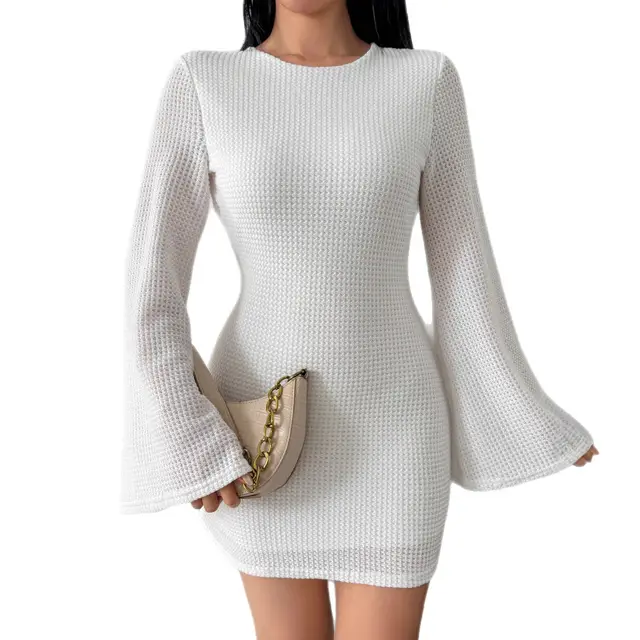 Autumn And Winter Solid Color Tight Waist High grade Long Sleeve Dress White - Shop at LoveMi