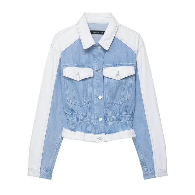 Women's Patchwork Denim Jacket Coat Mid waist Straight Jeans Coat - Shop at LoveMi