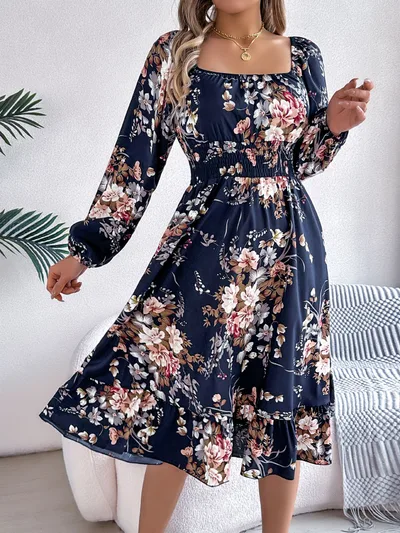 Elegant Flowers Square Collar Long Sleeve Waist Trimming Ruffles A Line Skirt Navy Blue - Shop at LoveMi