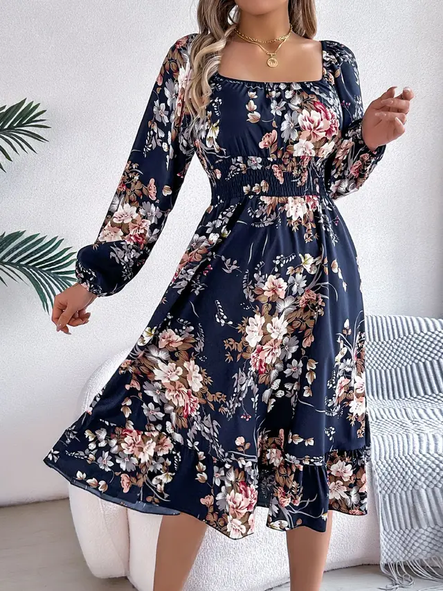 Elegant Flowers Square Collar Long Sleeve Waist Trimming Ruffles A Line Skirt Navy Blue - Shop at LoveMi