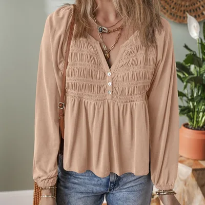 Women's Versatile Lotus Leaf Solid Color Pullover V neck Chiffon Shirt Beige - Shop at LoveMi