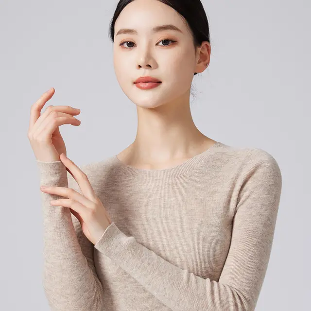 Machine Washable 60 Seamless Bottoming Shirt Round Neck Wool Sweater For Women Flower Beige - Shop at LoveMi