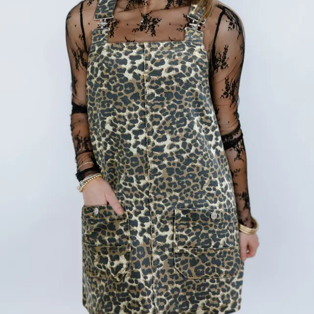 Gray Leopard Print Pocketed Loose Fit Denim Overall Dress Leopard Print - Shop at LoveMi