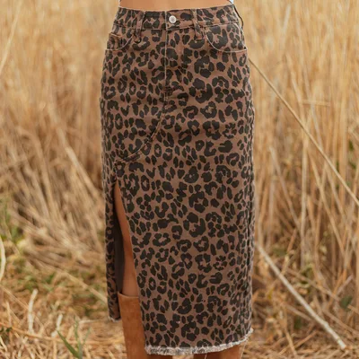 Women's All match Leopard Print High Waist Slit Denim Skirt Brown - Shop at LoveMi