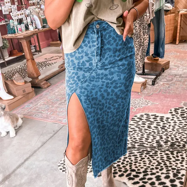 Women's All match Leopard Print High Waist Slit Denim Skirt Sky Blue - Shop at LoveMi