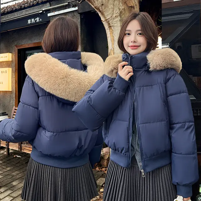 Big Fur Collar Hooded Thickened Warm And Loose Coat Navy Blue - Shop at LoveMi