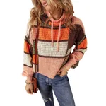 Women's Casual Waffle Color Matching Long Sleeve Drawstring Stand Collar Sweater - Color