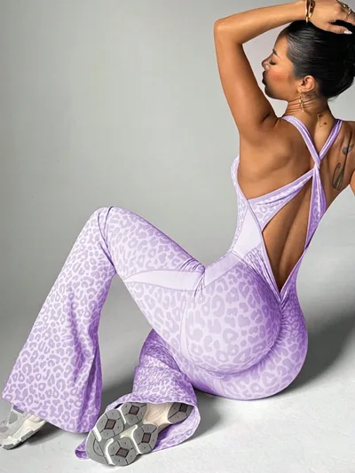 Women's Casual Sports Leopard Print Cross Beauty Back Jumpsuit Purple - Shop at LoveMi