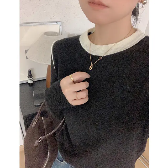 Women's Color block Crew Neck Knitted Bottoming Shirt Long sleeved Top Black - Shop at LoveMi