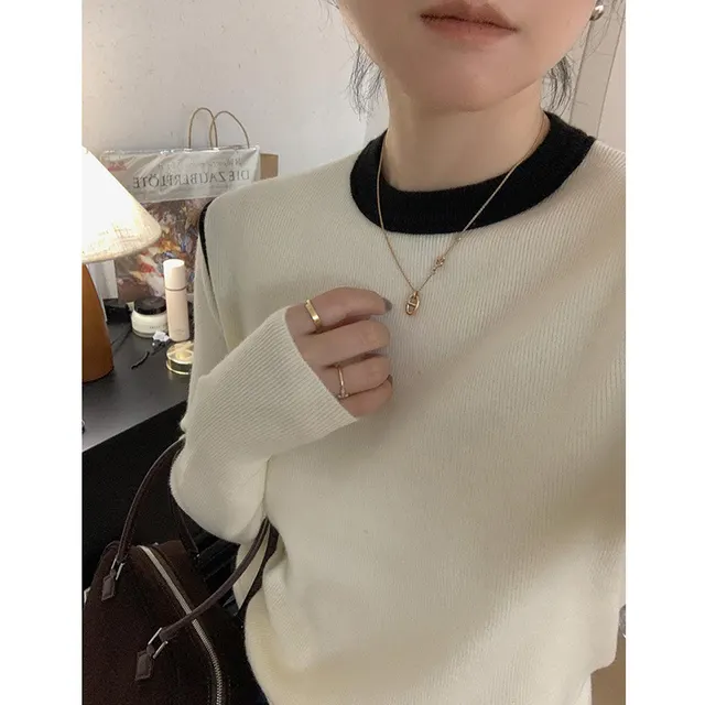 Women's Color block Crew Neck Knitted Bottoming Shirt Long sleeved Top White - Shop at LoveMi