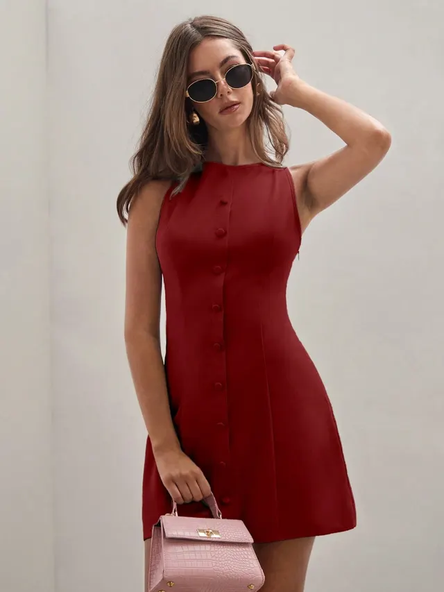 Women's Solid Color Temperament Breasted Sleeveless Dress Dark Red - Shop at LoveMi