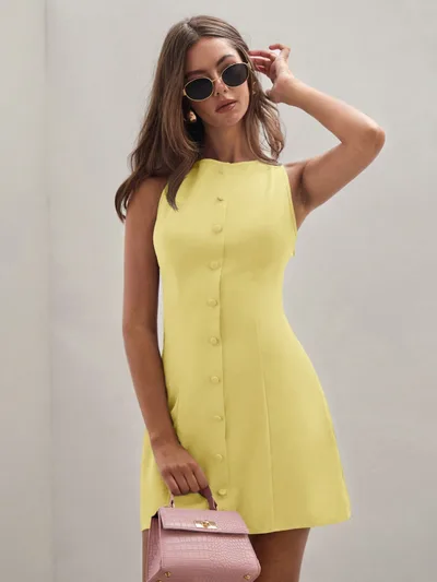 Women's Solid Color Temperament Breasted Sleeveless Dress Yellow - Shop at LoveMi