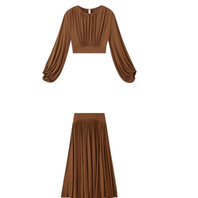 Batwing Sleeve Round Neck Top Pleating Split Skirt Suit Brown - Shop at LoveMi