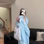 Women's Simple And Stylish Personality Shirt Wide-leg Casual Pants Suit - Blue Shirt