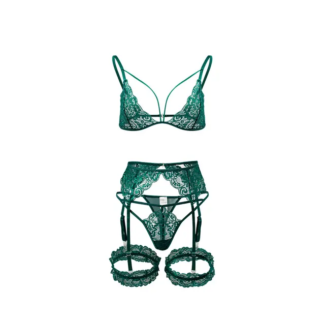 Lace Embroidery Sexy Underwear T back Suit Dark Green - Shop at LoveMi