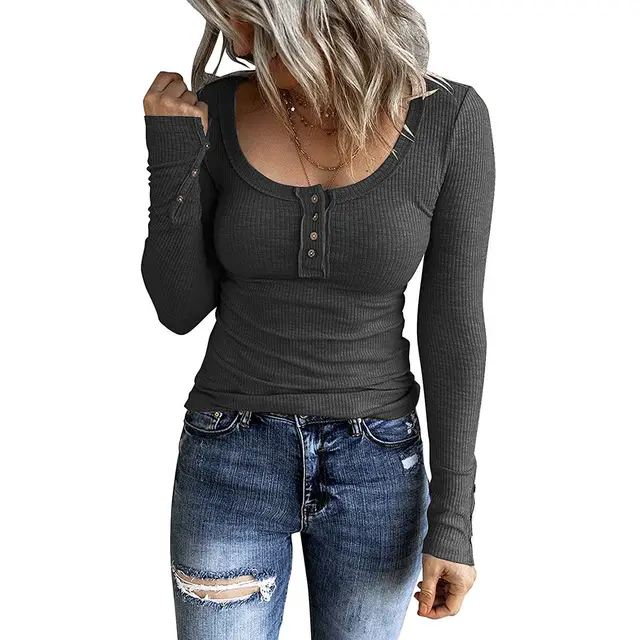 Women's Button Vest Color V neck Long Sleeve Top Gray - Shop at LoveMi