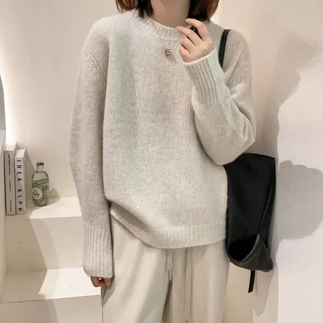 Soft Glutinous Fashion All match Round Neck Long Sleeve Autumn And Winter Beige - Shop at LoveMi