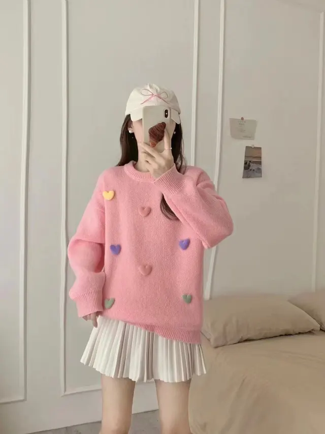Loose And Lazy Style Sweet Knitted Sweater Pullover Autumn And Winter New Pink - Shop at LoveMi