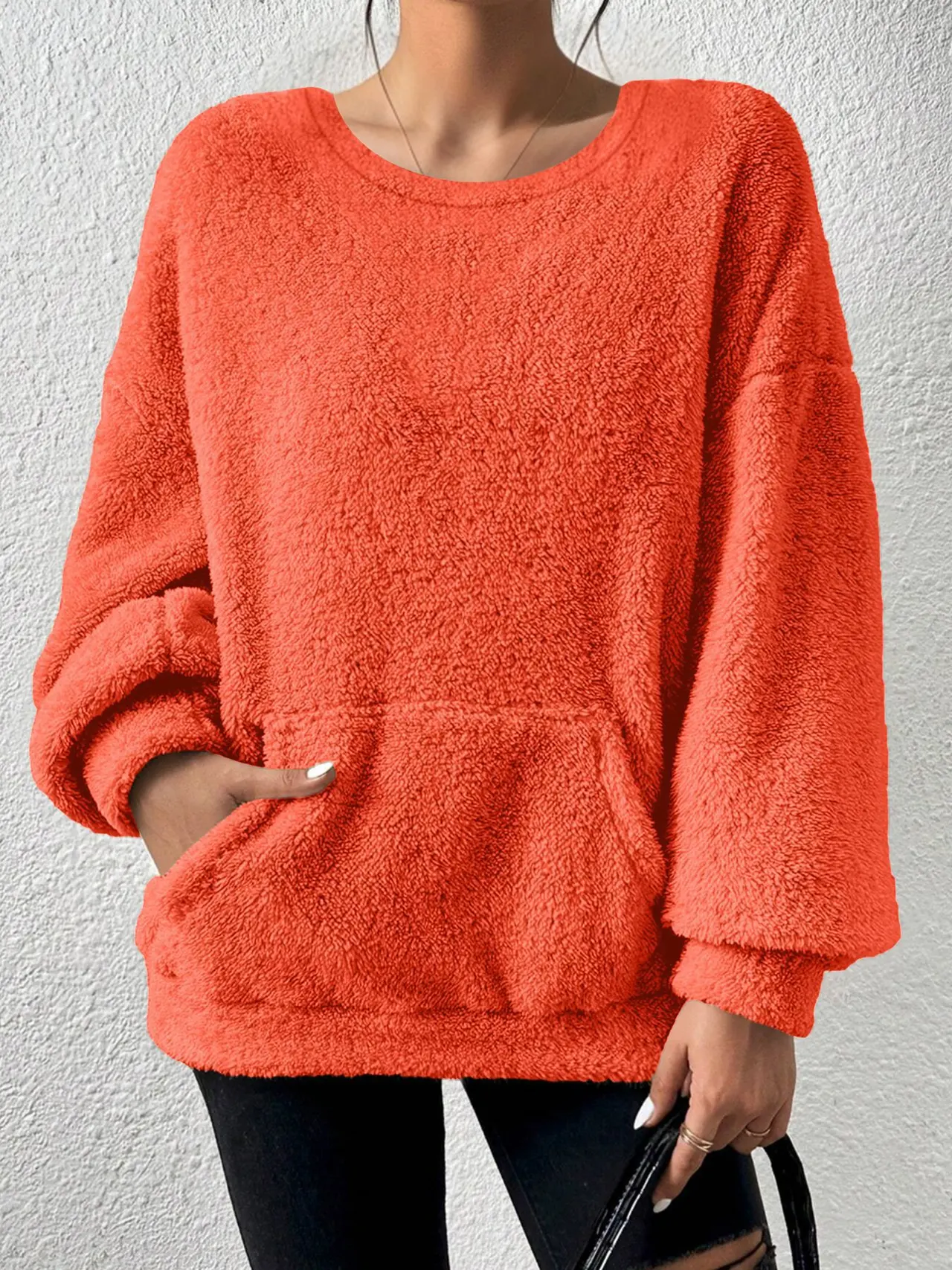 Fashion Solid Colour Round Neck Long Sleeve - Orange Red