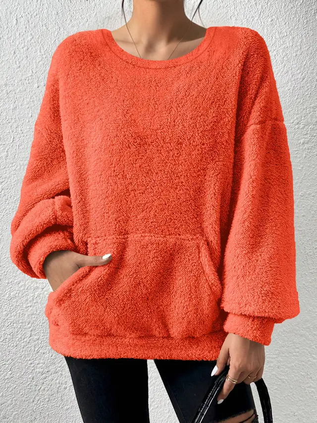 Fashion Solid Color Round Neck Long Sleeve Orange Red - Shop at LoveMi
