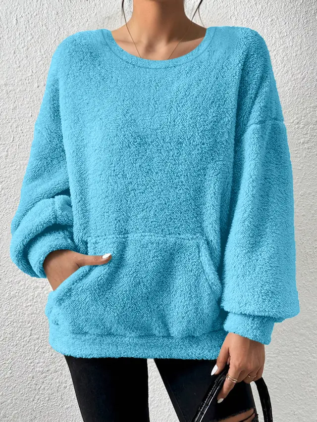 Fashion Solid Color Round Neck Long Sleeve Sky Blue - Shop at LoveMi