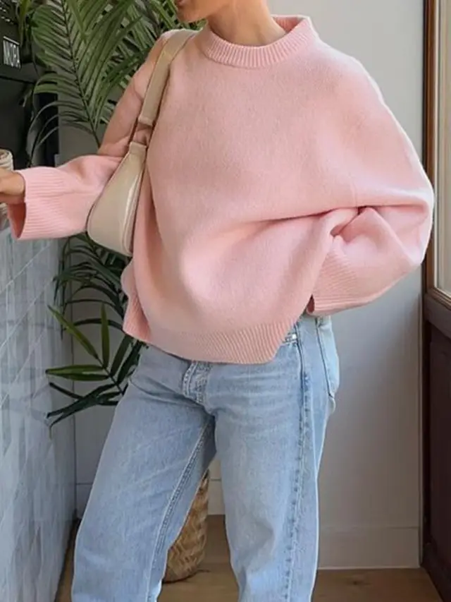 Casual Woolen Solid Color Long sleeved Sweater Pink - Shop at LoveMi