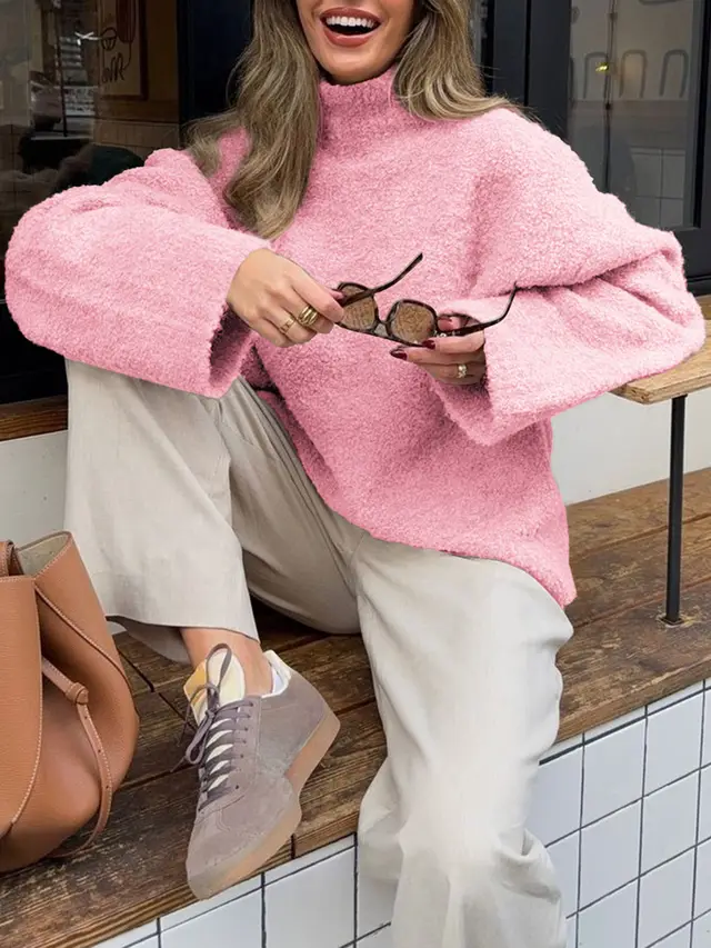 Casual Woolen Long Sleeve Coat Sweater Women Pink - Shop at LoveMi